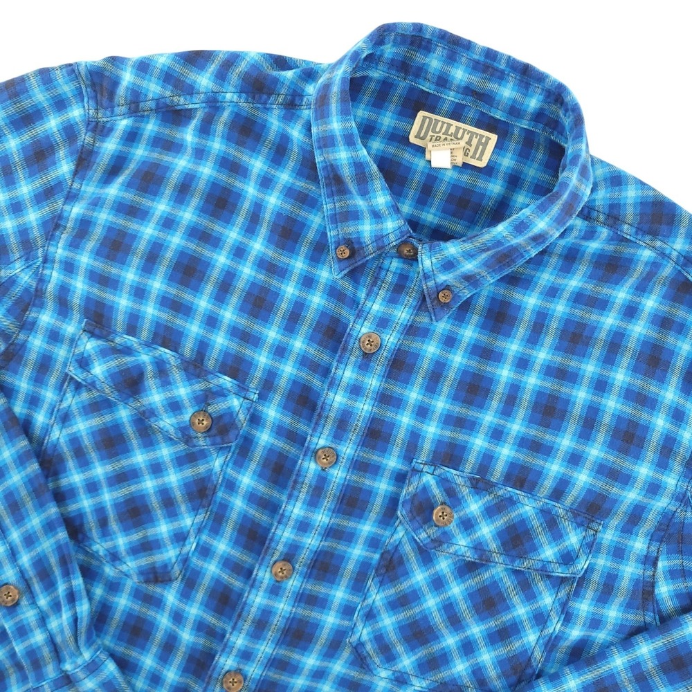 Duluth Trading Co Shirt Mens XLT Blue Plaid Long Sleeve Flannel Button Up Casual